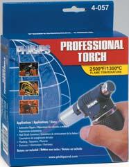TOOLS Professional Torch 4-07 Professional torch, box For daily professional use Adjustable flame Refillable tank provides up to 0 minutes of butane capacity Brass body covered with a protective grip