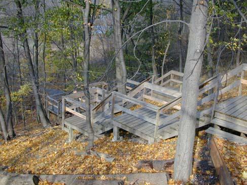 5.12.1.2 Stairs Trail stairway carefully installed among trees on a steep slope in Jordan, ON For very steeply sloped areas where there is inadequate room to develop a switchback and/or other fully