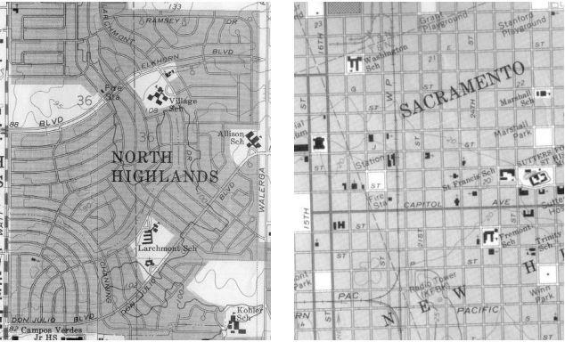 CULTURAL RESOURCES: APPENDIX Figure 43. Comparisons of postwar and prewar street layouts: At left is a portion of the North Highlands tract near Sacramento, built in the early 1950s.