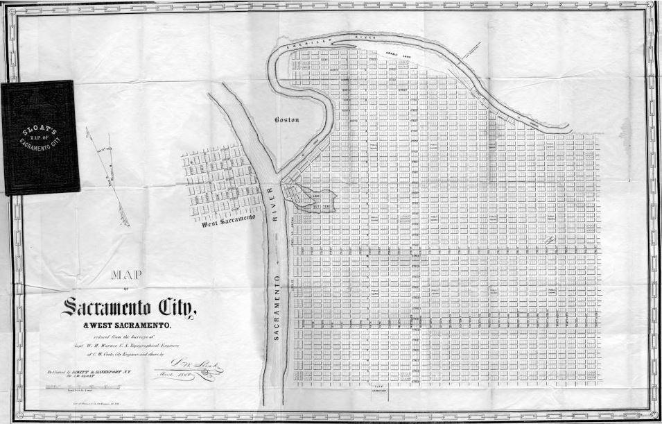 ENVIRONMENTAL RESOURCES Figure 14. This map shows the original plat of the city. The confluence of the American and Sacramento Rivers has not yet been moved north. Sutter Lake is also present.