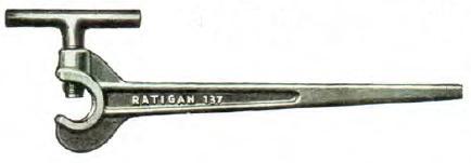 The handle, for example will take three sizes of jaws - 2, 2-½, and 3 - which can be changed easily and quickly. No. 137 Sucker Rod Coupling Wrench 35 The Ratigan No.