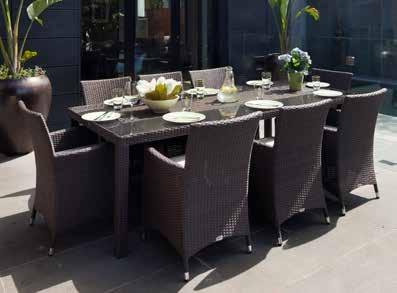 One table 210 x 100 x 75cm with 5mm tempered glass top Rattan Colour: Coffee Ruff Cushion Colour: Cream Aluminium