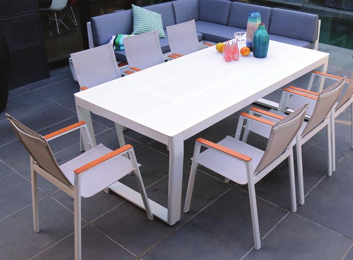 with 5mm white tempered glass top Rust free aluminium frame with Non-wood back and side board Seats four adults comfortably