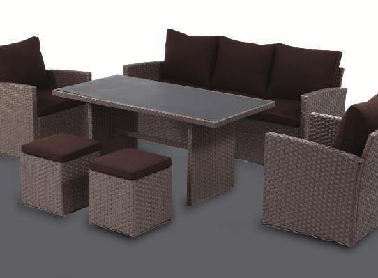 tempered glass Steel powder coated frame Hand woven rattan material 3-seater sofa 177 x 67 x 69cm with 6cm seat cushion, 18cm back cushion Two single sofas 65 x 67 x 69cm with 6cm
