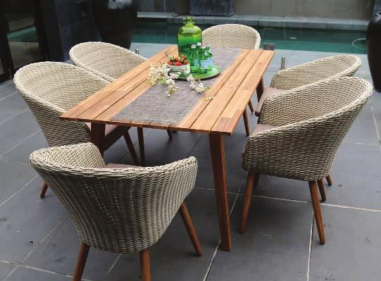 65 metres long Six chairs made from 7mm weatherproof rattan One six-seater table 165 x 95 x 76cm with teak finish top TIMBER