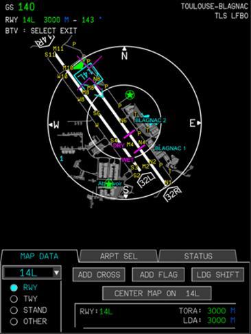 Figure 8: Flight display showing magenta lines on runway where the aircraft will stop in WET and DRY conditions 2.1.1.3.6.