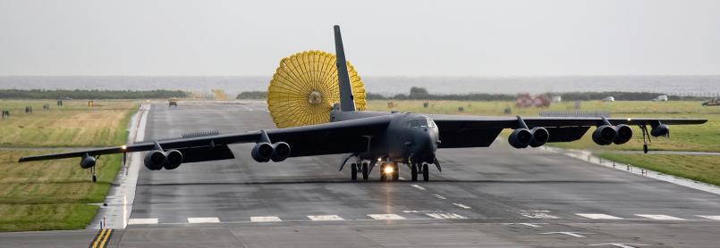 The only aircraft still incorporating a steerable main landing gear for crosswind landings is the B-52. Figure 14 shows a crosswind landing in crabbed motion.
