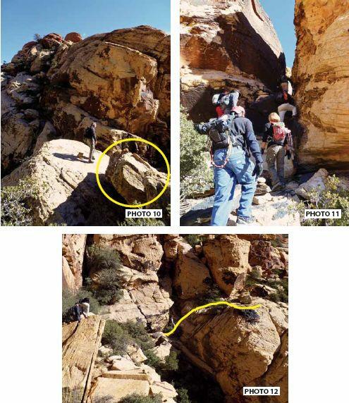 left of the dead tree and boulder in Photo 9. Wedge through two boulders and continue about 15 yards to a loose class 2 chute (Waypoint 16). Descend the chute 40 yards until it becomes brushy.