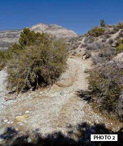 pit, marked by a BLM sign. The trail crosses a wash in 80 yards and veers to the right; see Photo 2.