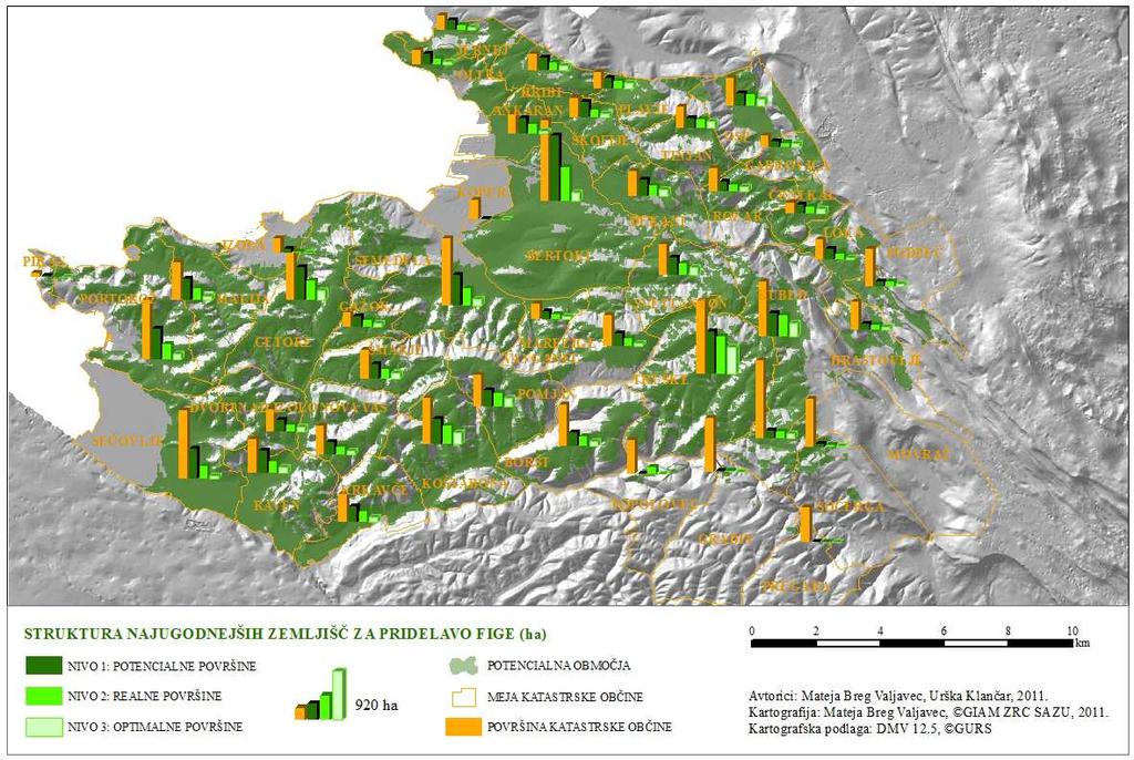 Slika 7: Zemljevid najugodnejših območij (zeleno) za ekološko pridelavo fig in trinivojska struktura. Rezultat večkriterijske analize predstavljajo na prvem nivoju potencialne površine.
