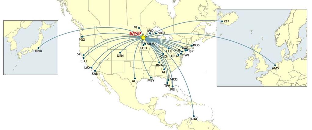Air Service Added in 2016-2017 Ten airlines added a total of 32 additional routes from MSP in