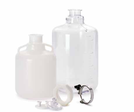 Polypropylene (PP) and Polycarbonate (PC) Sanitary Fitting Carboys Perfect for use as supply reservoirs Easier to clean than threaded alternatives Autoclavable for in-house sterilization Round shape