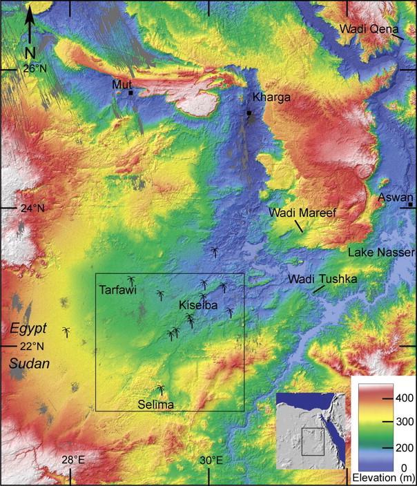 Digital Elevation Model (DEM) of southern Egypt and adjacent Sudan derived from NASA provided Shuttle Radar Topography Mission (SRT) 3 arc-sec data.