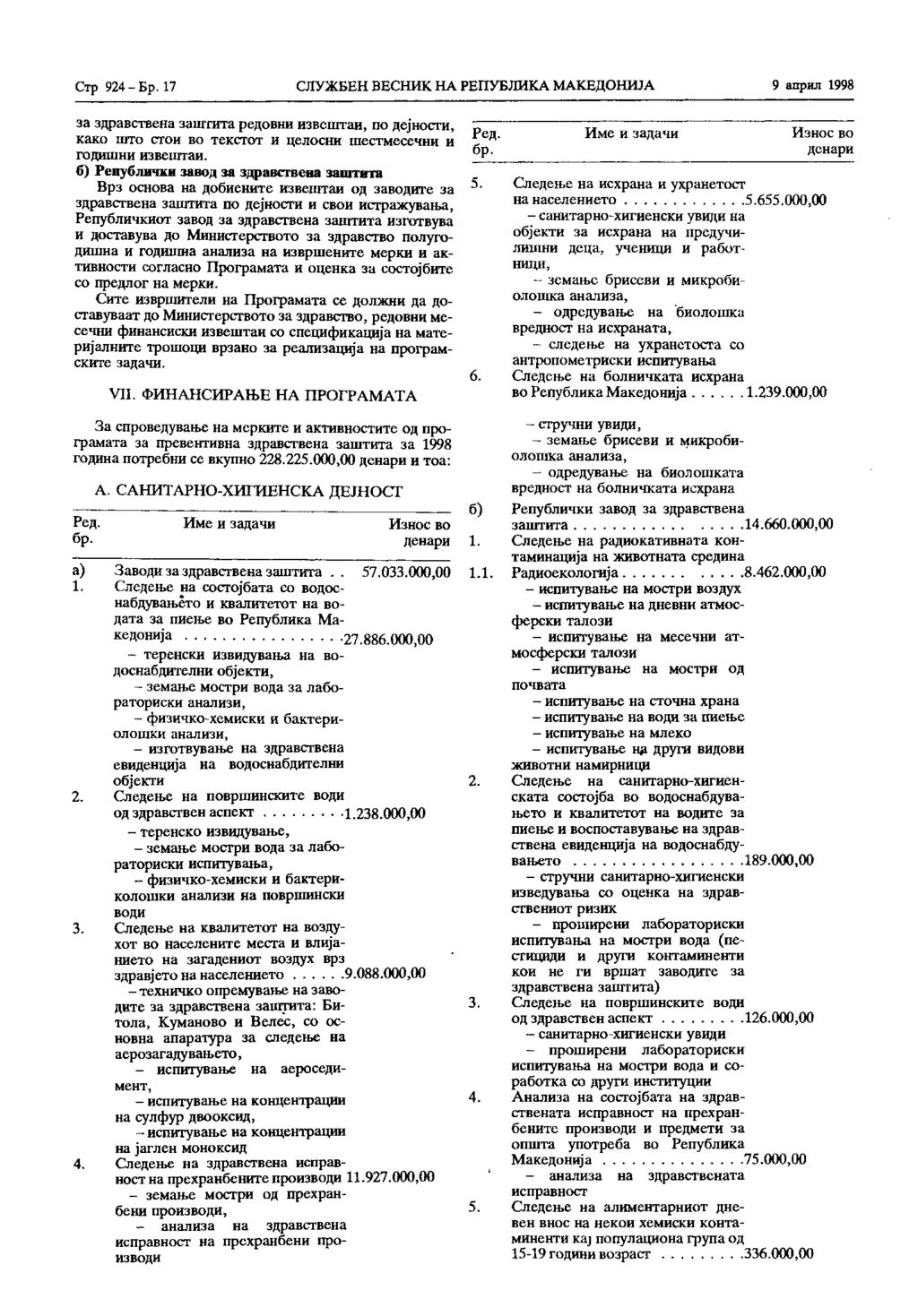 Стр. 924 - Бр. 17 СЛУЖБЕН ВЕСНИК НА РЕПУБЛИКА МАКЕДОНИЈА 9 април 1998 за здравствена заштита редовни извештаи, по дејности, како што стои во текстот и целосни шестмесечни и годишни извештаи.