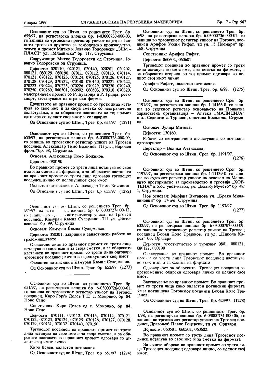 9 април 1998 СЛУЖБЕН ВЕСНИК НА РЕПУБЛИКА МАКЕДОНИЈА Бр. 17 - Стр. 967 Основниот суд во Штип, со решението Трег бр 655/97, на регистарска влошка бр.