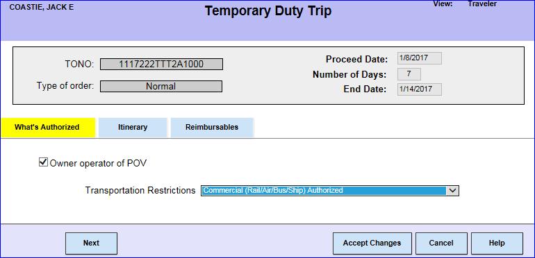 3 Under What s Authorized, select the appropriate Transportation Restrictions option.