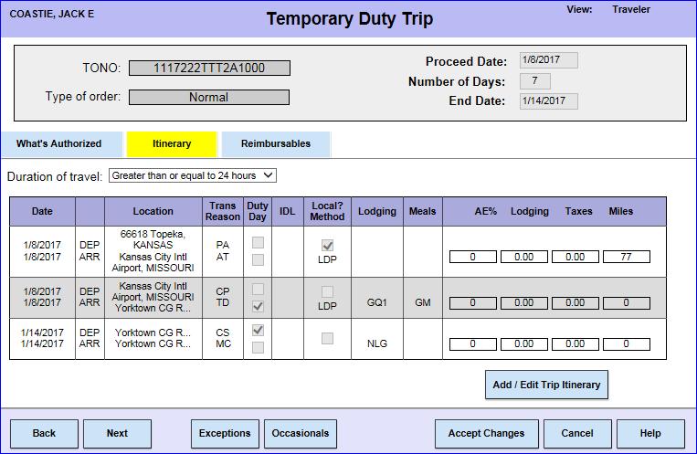 9 The Itinerary tab will display, if everything is correct select the Next button. 10 The Reimbursables tab will display.