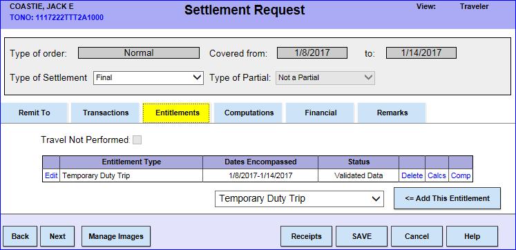 11 The Entitlements tab will display. Select the Calcs button.