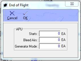 b. The End of Flight window will appear. c. Enter APU counter information for starts, bleed airs, and generator mode applicable after arrival. d.