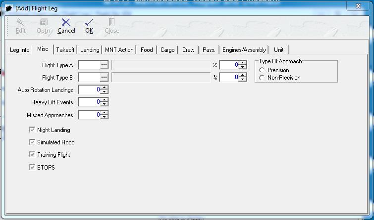 ii. Misc tab 1. Flight Type A and Flight Type B fields Enter the flight type and the percentage of the flight leg that should be considered each type. 2.