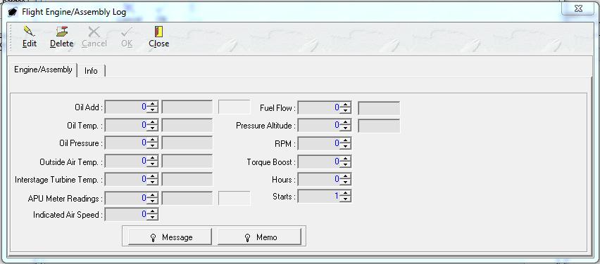 2. Edit engine/assembly flight leg information a. While in edit mode, select the engine or assembly and left-click the Edit button. b. The Flight Engine/Assembly Log window will appear. c.