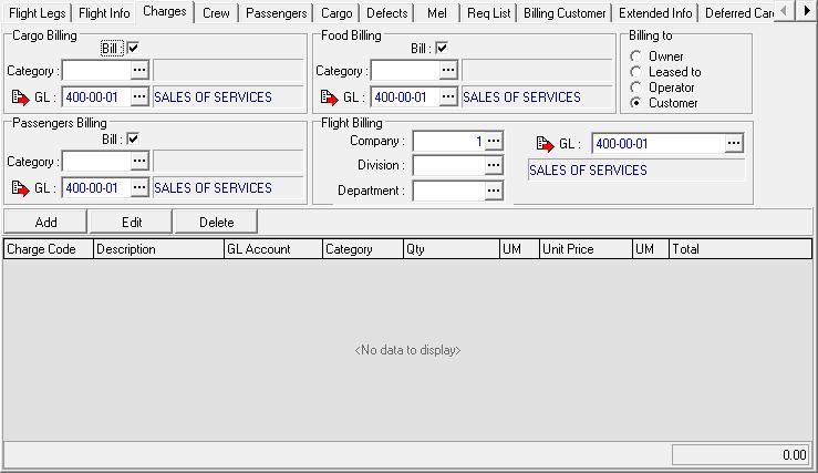 6. Charges Tab a. Cargo Billing group box i. Bill flag Mark as checked in order to include cargo charges on the invoice for this flight. ii.