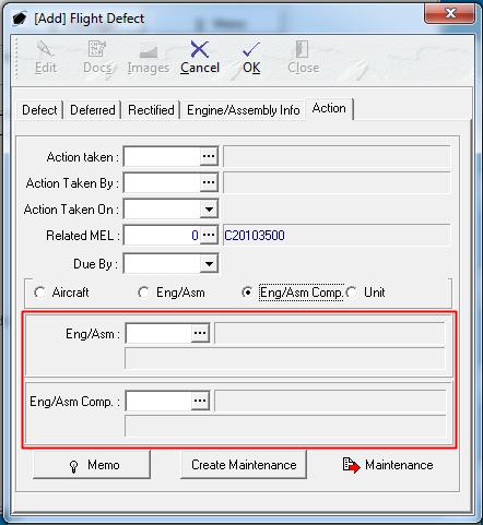 ii. Eng/Asm radio button Select if the maintenance work order that will be created should be associated with an aircraft engine or assembly. 1. When selected, the Eng/Asm field will appear. 2.