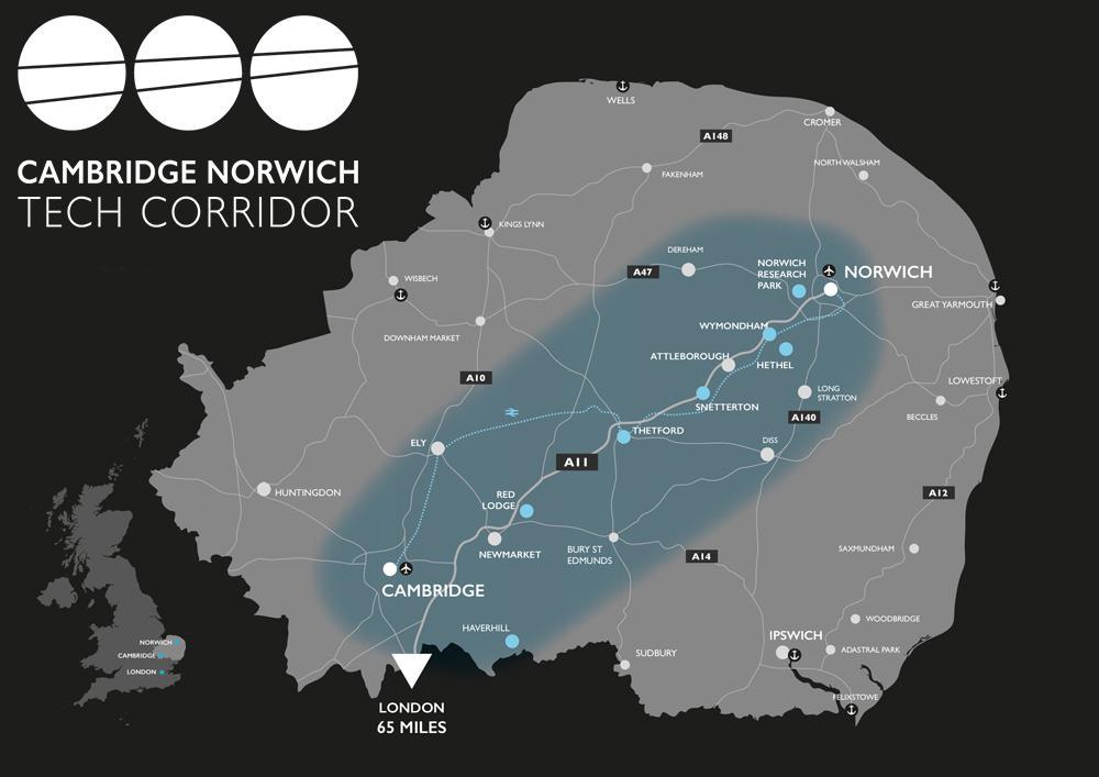 Cambridge to Norwich Technology Corridor The corridor from Norwich to Cambridge, identified in Fig.6, includes a cluster of existing tech businesses and strategic employment sites.