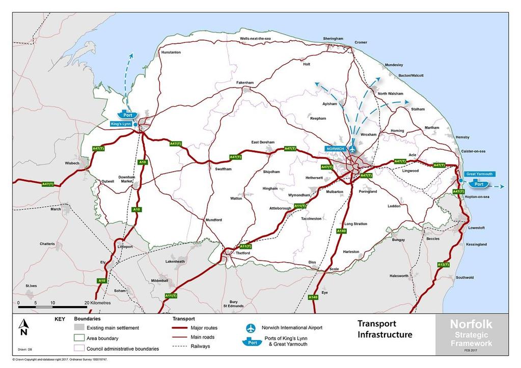 Figure 8: Norfolk Transport Infrastructure, 2017 Norfolk has a limited rail network, meaning that many of its towns are not served by rail.