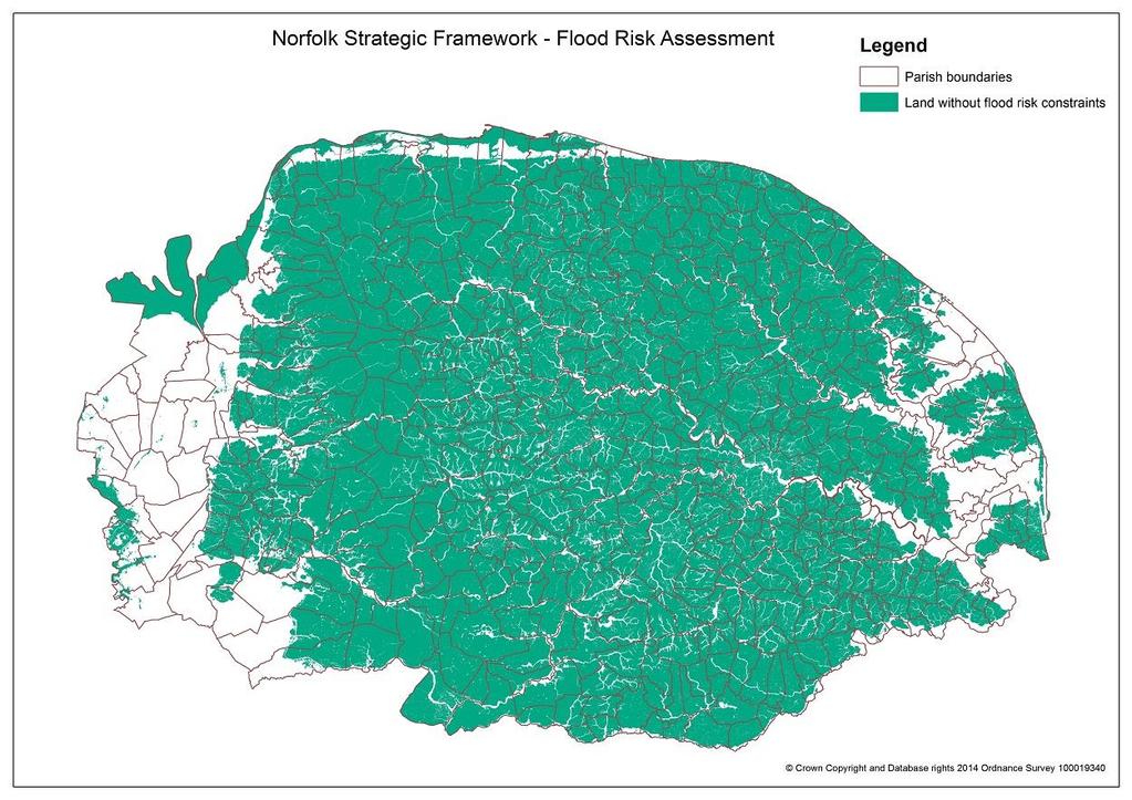 Figure 9: Norfolk Flood Risk Map. 2016 Figure 9 provides an illustration, at a broad scale, of the extent of land with and without flood risk constraints.