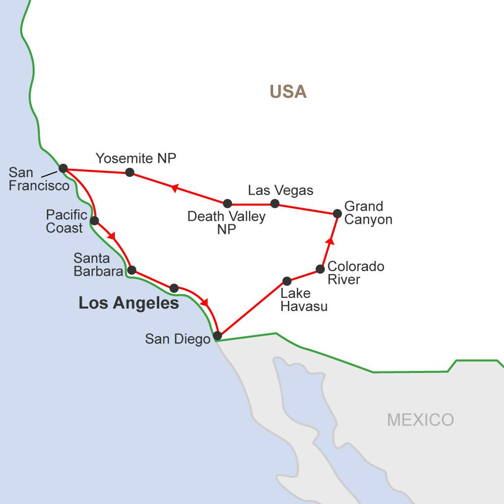 Trip Overview See it all on this epic West Coast tour, starting and ending in L.A.! Join a group of like-minded adventurers and road trip through all the main sights!