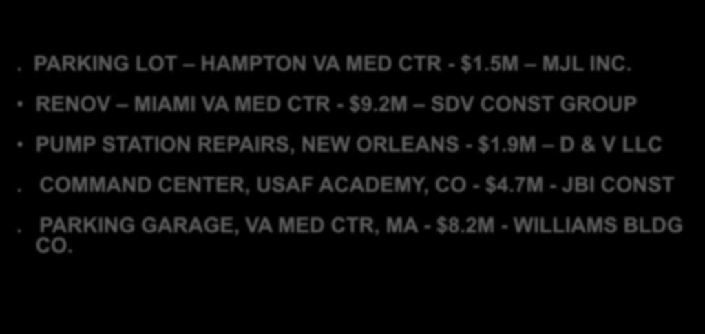 USACE SDVSB SUCCESS STORIES. PARKING LOT HAMPTON VA MED CTR - $1.5M MJL INC. RENOV MIAMI VA MED CTR - $9.