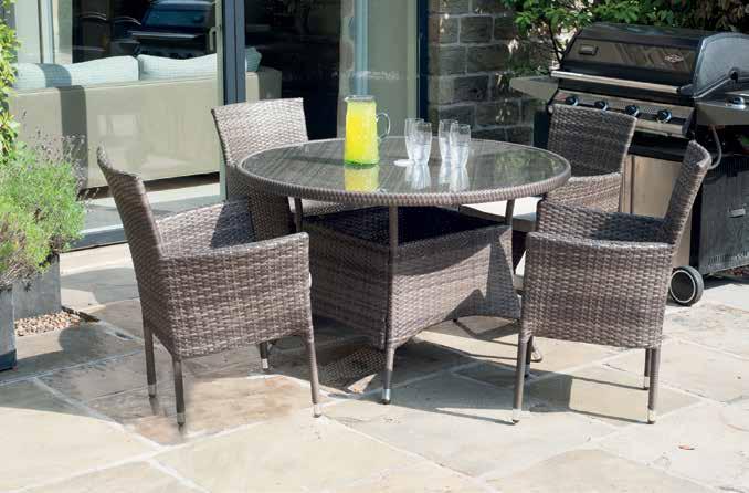 The tables are complete with space for parasols and the stackable chairs come with seat pads for additional comfort.