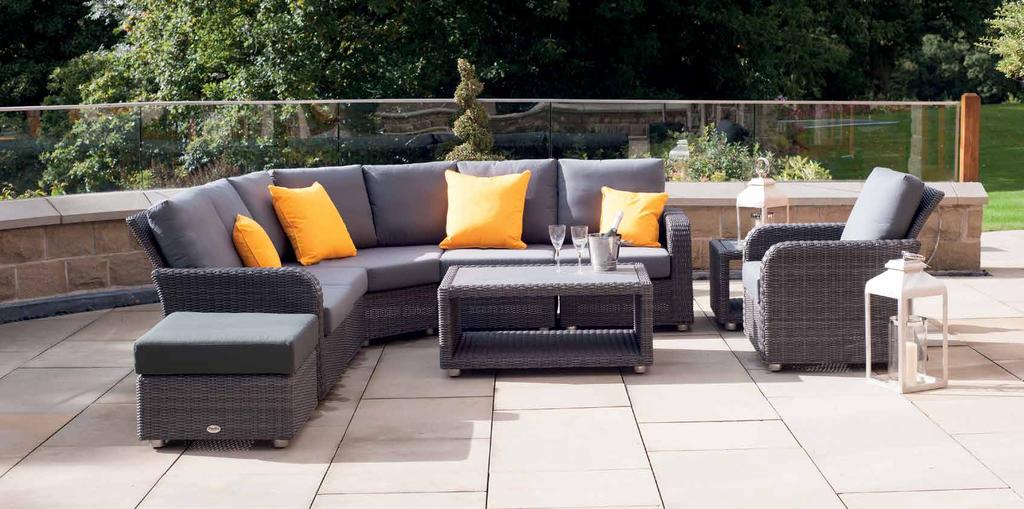 Bodega Sectional Seating Premium Outdoor 18-084 Set Includes: 1 x Chair (optional), 1 x Left Arm, 1 x Right Arm, 2 x Armless, 1 x Corner Unit, 1 x Footstool, 1 x Coffee Table and 1 x Side Table