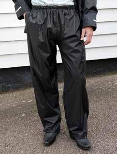 R001T 100% Nylon S/M, L/XL, XXL/3XL Superior Stormdri Trousers Result Waterproof (2000mm) and windproof Twin needle stitching on seams Critical seam taping No outside leg seam 2 side access