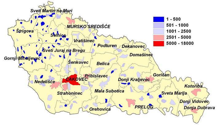 Prema popisu stanovništva iz 2011. godine, u općinama Županije živi 61% stanovništva, dok u gradovima Čakovcu 27%, Prelogu 7% i Murskom Središću 5% stanovništva Županije (grafikon 1.) Slika 9.