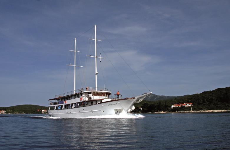 At 38 m x 8.3 m the MY Harmonia is an elegant white motor yacht.