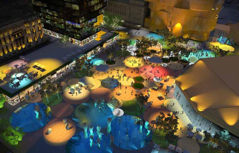 A sweeping multipurpose plaza that seamlessly links Elder Park and the Riverbank Footbridge to the Adelaide Railway Station and North Terrace, the new-look plaza will feature public artwork, water