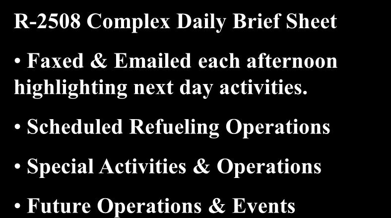 Planning Missions in the Complex COMPLEX ACTIVITY NOTIFICATIONS R-2508 Complex Daily Brief Sheet Faxed & Emailed each