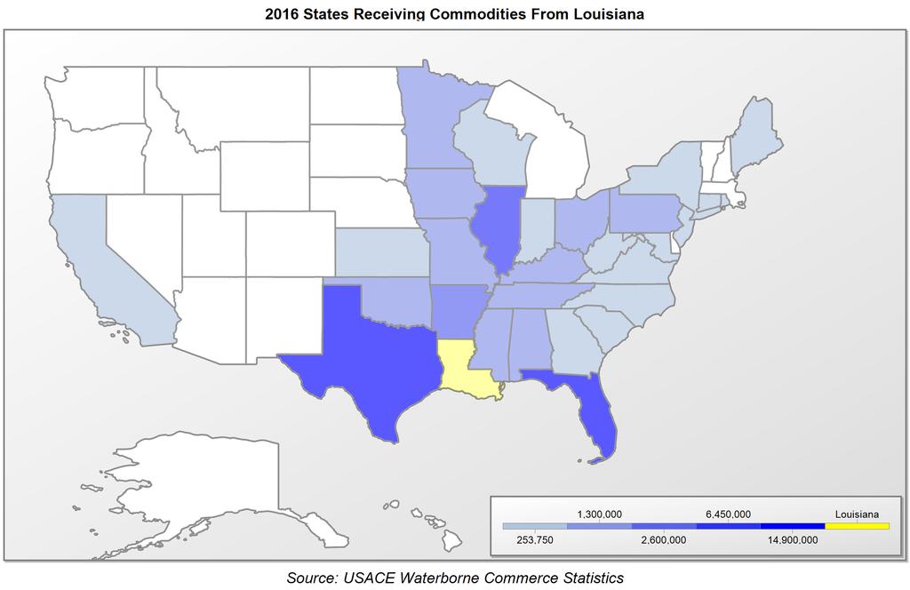 - Continued State Receiving Tons Recieved from Recieved from State Receiving Tons Recieved from Recieved from Foreign 159,253,645 Grains-56% Iowa 1,391,193 Chemicals-72% Florida 22,861,845