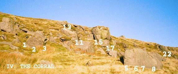 14 4c Nomis. Right to left low traverse across the boulder. 15 Easy Hidden. The slab above and behind the boulder. C. Small Upper Buttress. 16 4a Harrier. Small slab at the left side.