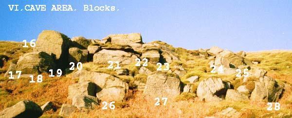 * 7 4a Bullate Wall. The higher rippled wall left of a tree stump. 8 4a Bulldoze. 15m right, past easy slab is a higher wavy hanging boulder. 9 4c Both Sides. The pointed boulder above.