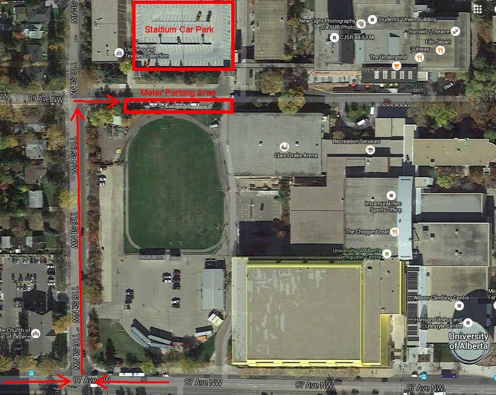 For participants in all other (excluding soccer) camps on North Campus, parents may park in the Stadium Cark Park or metered parking on 89 Ave (highlighted in the map below).