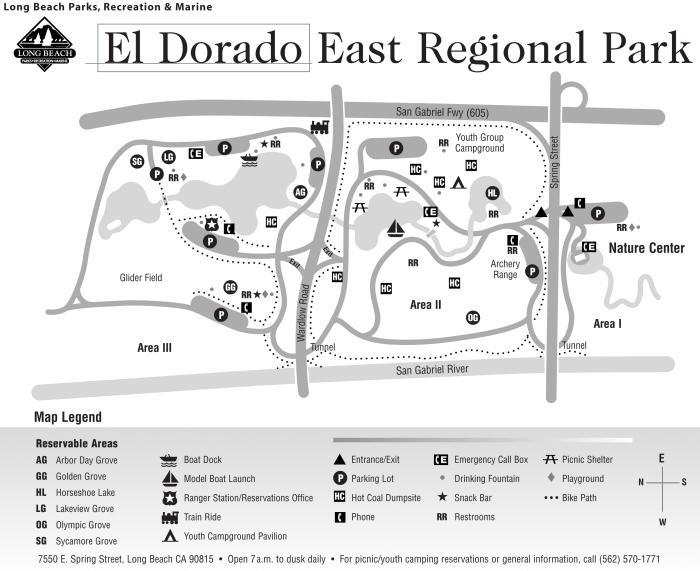 El Dorado East Regional Park 7550 E Spring St Long Beach, CA 90815 Directions to El Dorado East Regional Park 1. Take I-405 South 2. Exit Bellflower Blvd South 3.