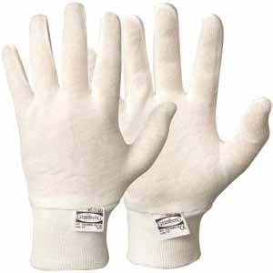 0408 Standard: EN 420 Cotton Gloves With knitted wrist. Suitable as inner gloves for e.g. rubber or vinyl gloves. Glove admit air and protect the hand from moisture/sweat.