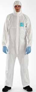 Protective Coverall Type 4, 5 and 6, anti-static, barrier to radioactive particulates and pesticides. Stitched and taped seams for protection against pressurized liquid spray.