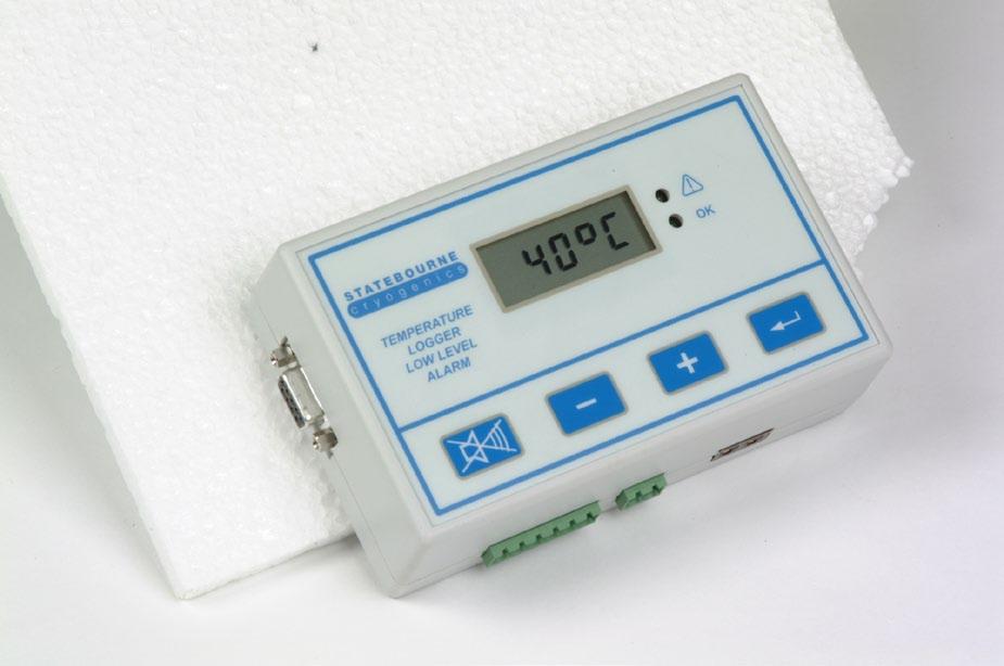 An alarm will sound if pre-specified temperature limits are transgressed. Additionally, a logged record of temperature at a pre-specified interval is maintained which can be downloaded to a PC.