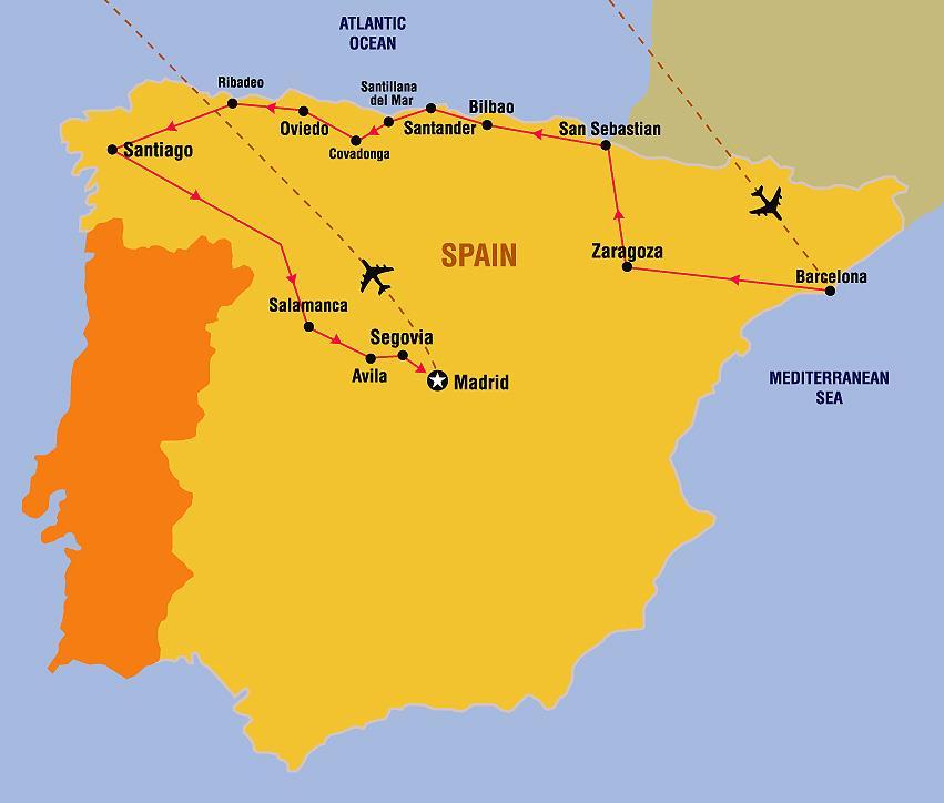 Itinerary Northern Spain Day 1: USA-BARCELONA, Spain Evening departure on your transatlantic flight to Europe. Dinner, movie, and breakfast on board.