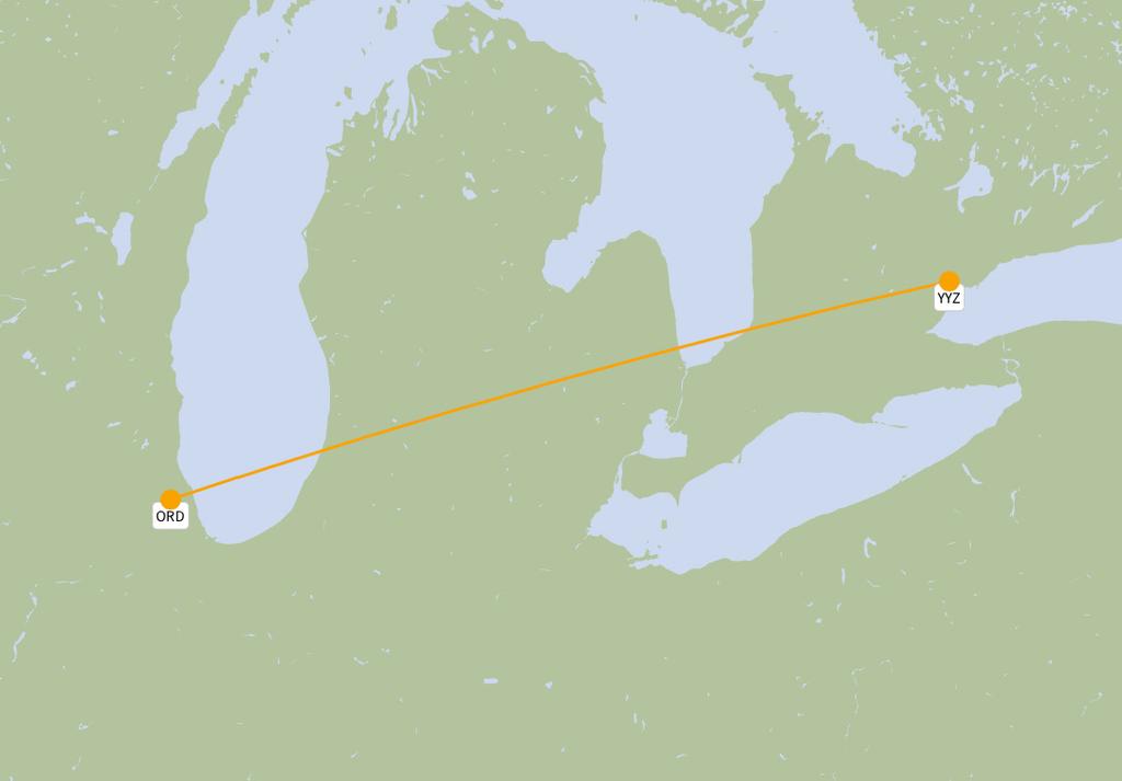 2 ORD YYZ Chicago Toronto 2, on route 3 Seats 1,235,185 Passengers carried 1,69,26 Passenger load factor 87% ORD YYZ 1,5 1, 5 Flights 13,1 Average Seats/Aircraft 95 Average stage length (km) 7