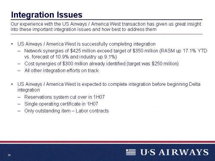 Integration Issues US Airways / America West is successfully completing integration Network synergies of $425 million exceed target of $350 million (RASM up 17.1% YTD vs. forecast of 10.